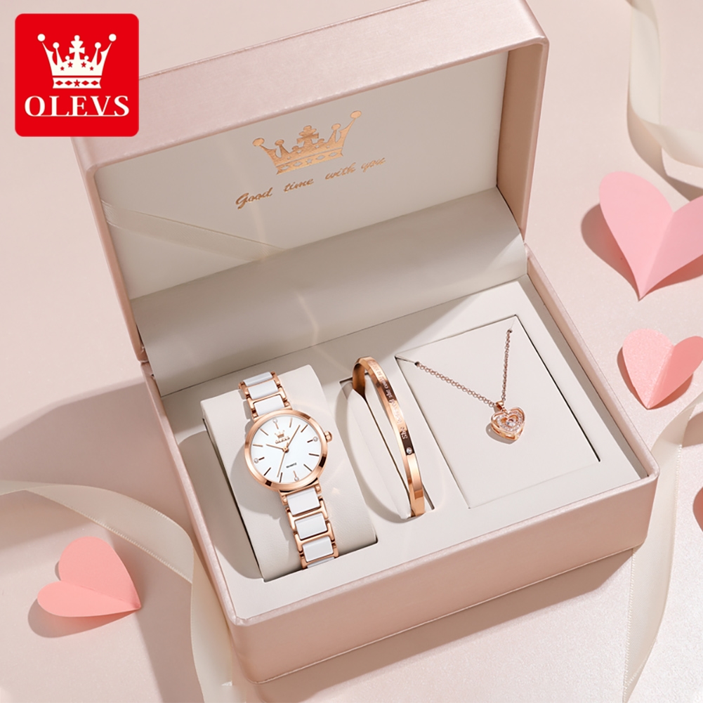 Luxury Watch Holder - OLEVSレディース腕時計5877高級エレガントクォーツ腕時計防水夜光セラミックストラップレディース腕時計ブレスレットセットギフトボックス時計