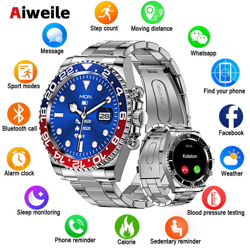 Luxury Watch La - コネクテッドウォッチ,ハイエンド,高級,男性用,Android,iOS,スチール接続レプリカ,計算機,目覚まし時計,Bluetooth,軍用,aw12