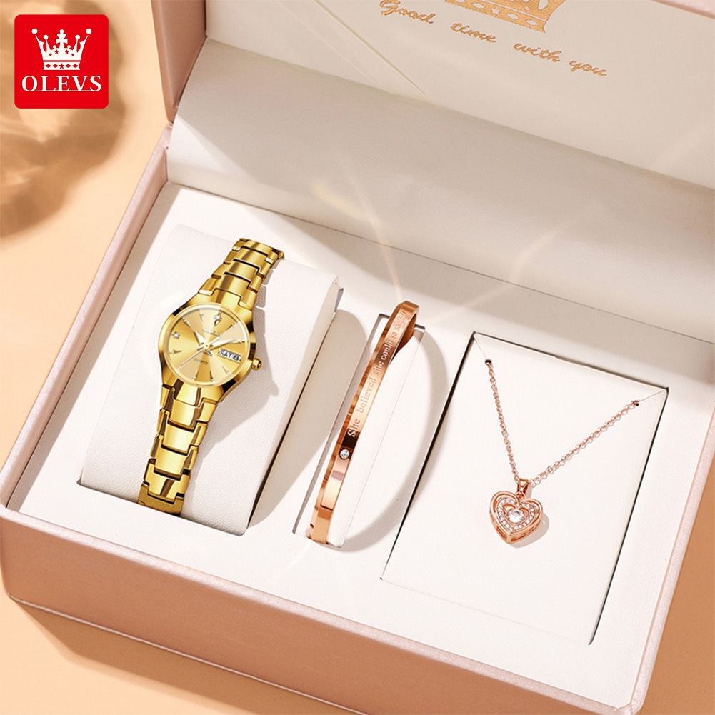 Luxury Watch For Women - OLEVSレディース腕時計8697高級エレガントクォーツ腕時計防水タングステン鋼デイデイト腕時計女性用腕時計ブレスレットセット