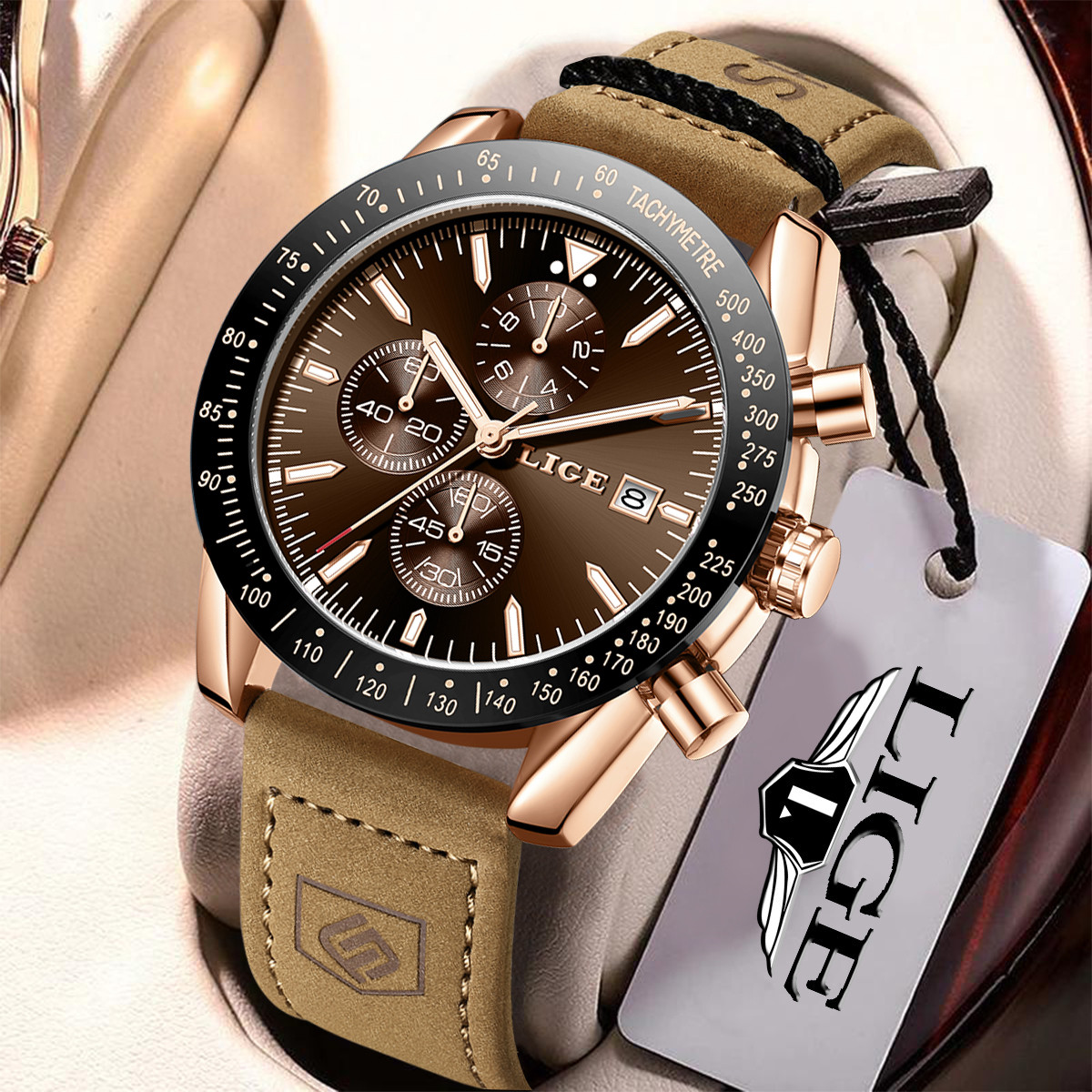 Luxury Watch Leather - LIGE レザー腕時計メンズファッションビジネス 30 メートル防水クォーツ腕時計クロノグラフ日付高級発光スポーツマン腕時計 + ボックス