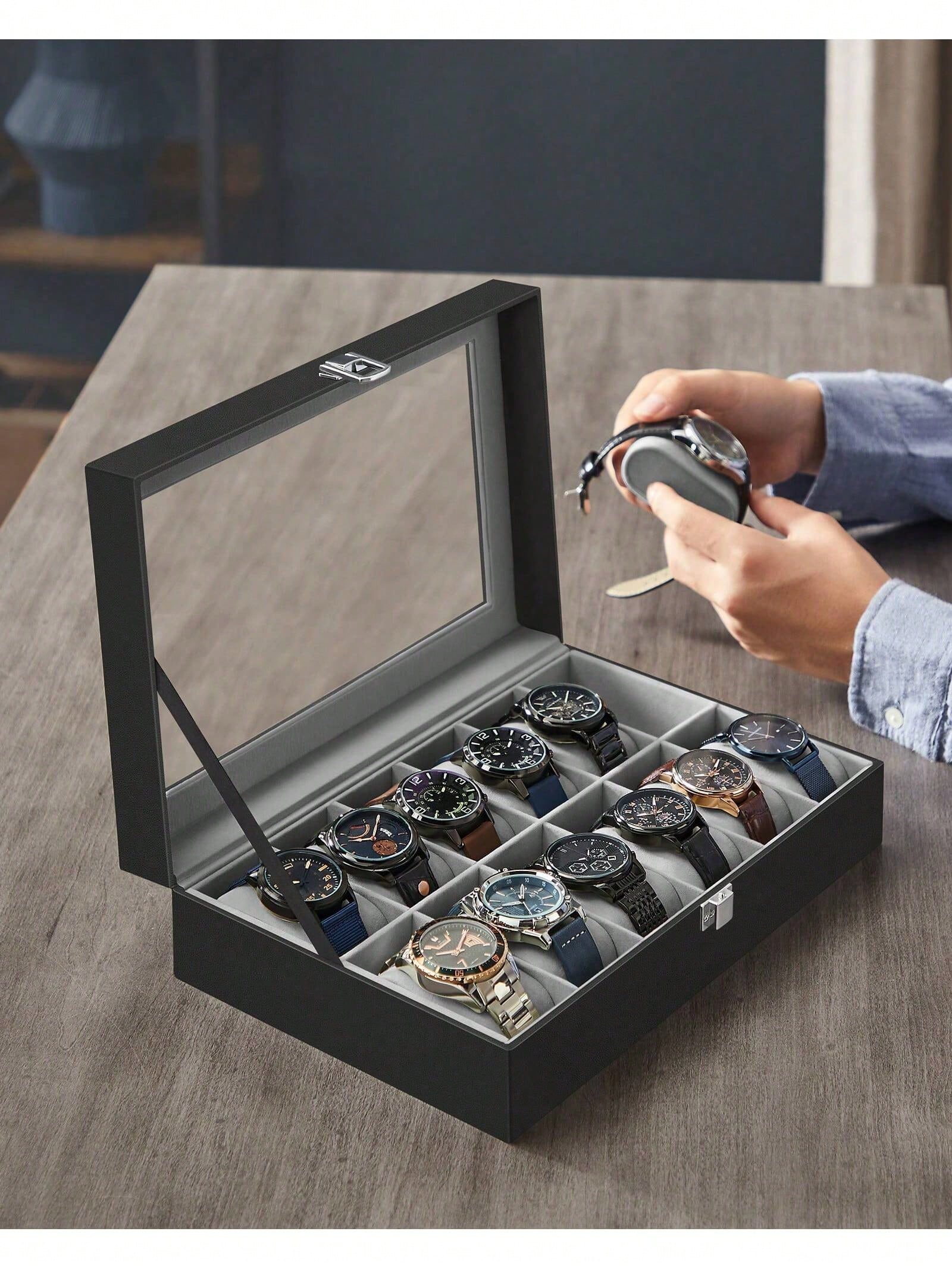 12スロットのロック可能な時計ボックス、ガラス蓋と引き出し付 - Luxury Watch Holder のレビューと価格